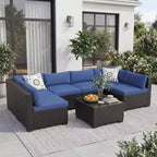 7-teiliges Outdoor-Terrassensofa-Set, langlebiges Eisenrahmen-Braun-Gradient-Geflecht-Ecksofa mit weichen Kissen, Gesprächs-Set für Terrasse, Garten, Hinterhof