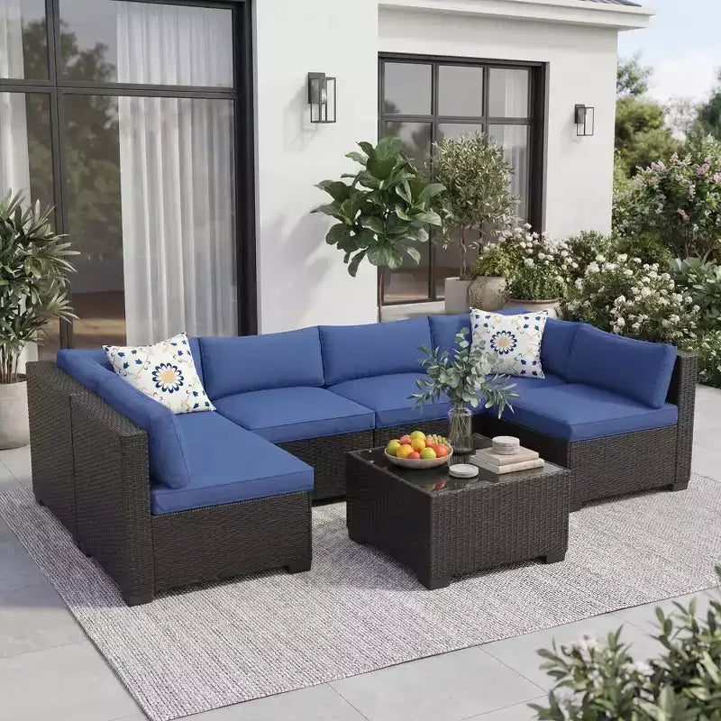 7-teiliges Outdoor-Terrassensofa-Set, langlebiges Eisenrahmen-Braun-Gradient-Geflecht-Ecksofa mit weichen Kissen, Gesprächs-Set für Terrasse, Garten, Hinterhof