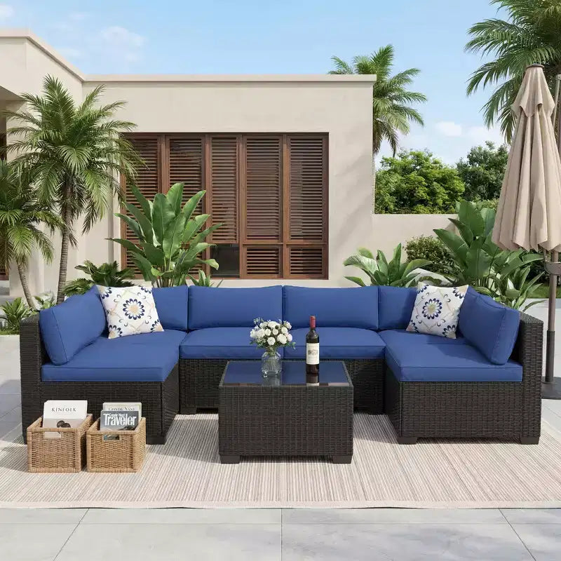 7-Piece Outdoor Patio Sofa Chair Set,Durable Iron Frame Brown Gradient Wicker Sectional with Soft Cushions,Conversation Set for Patio,Garden,Backyard