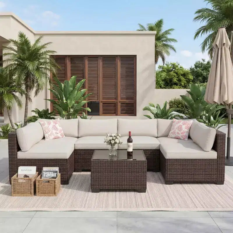 7-teiliges Outdoor-Terrassensofa-Set, langlebiges Eisenrahmen-Braun-Gradient-Geflecht-Ecksofa mit weichen Kissen, Gesprächs-Set für Terrasse, Garten, Hinterhof