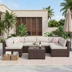 7-teiliges Outdoor-Terrassensofa-Set, langlebiges Eisenrahmen-Braun-Gradient-Geflecht-Ecksofa mit weichen Kissen, Gesprächs-Set für Terrasse, Garten, Hinterhof