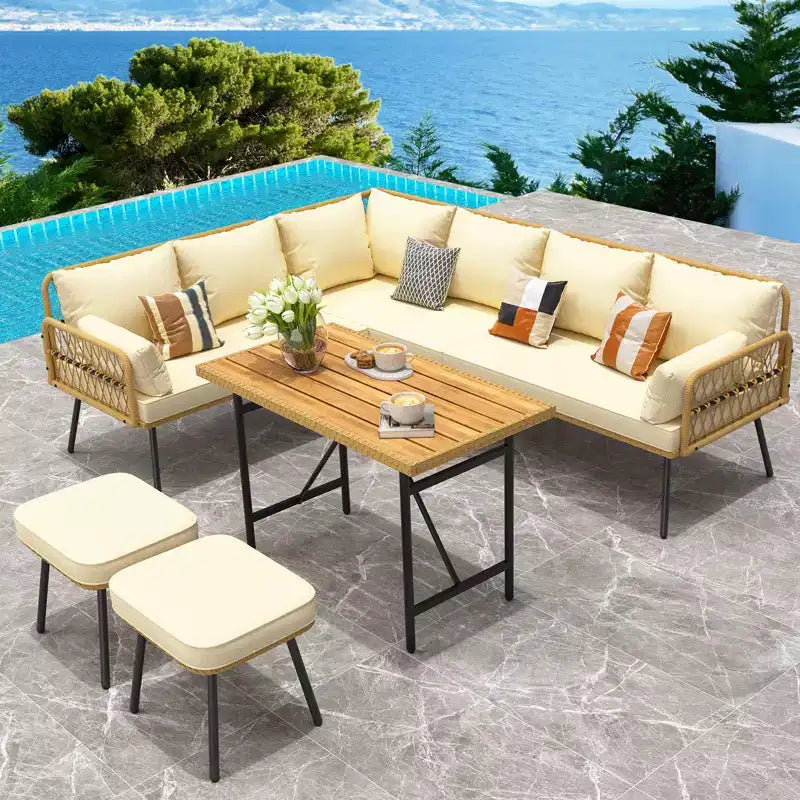6-Piece Patio Sectional Sofa Chair Set,Boho Wicker Conversation Set with Cushions and Plastic Wood Dining Table, for Backyard,Garden,Porch,Balcony