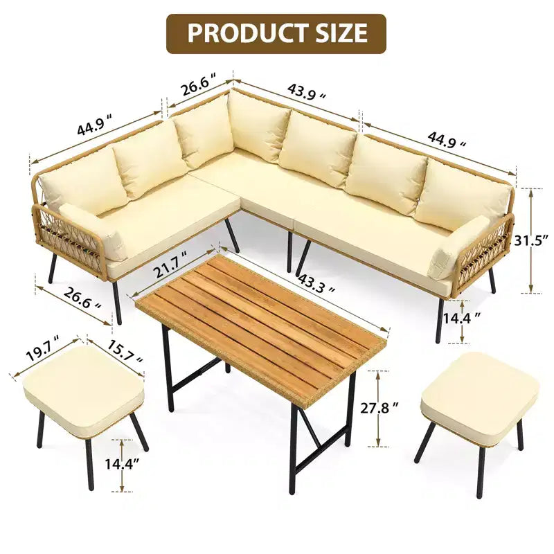 6-teiliges Terrassen-Loungeset, Boho-Korbmöbel-Set mit Kissen und Esstisch aus Kunststoffholz, für Garten, Veranda, Balkon
