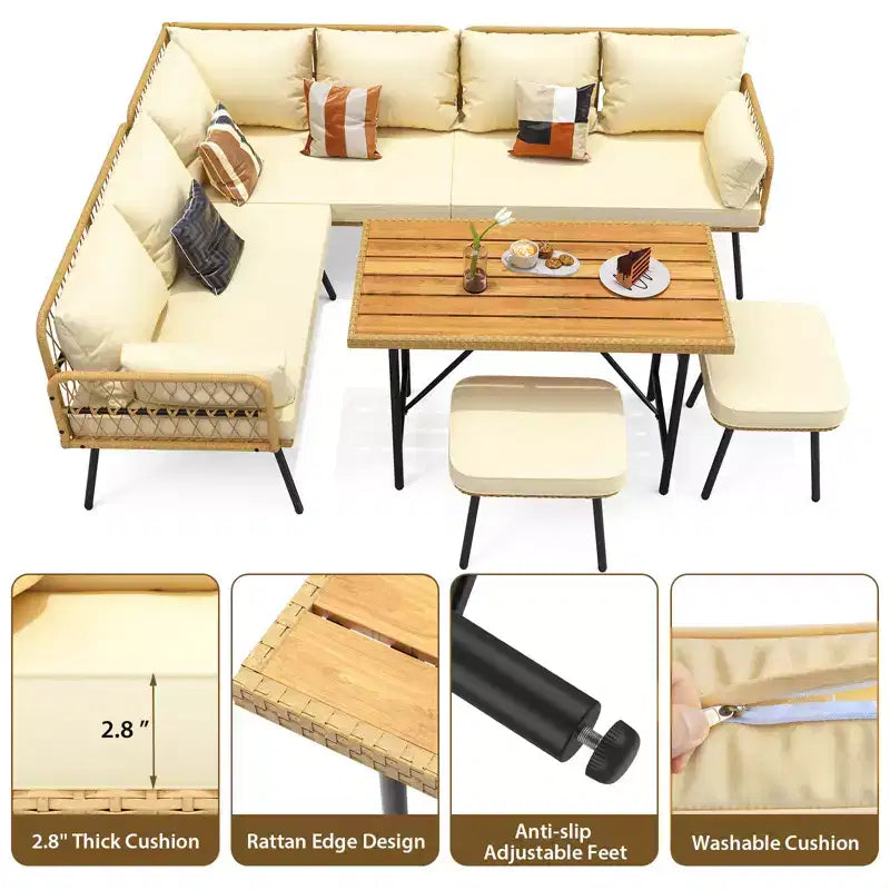 6-teiliges Terrassen-Loungeset, Boho-Korbmöbel-Set mit Kissen und Esstisch aus Kunststoffholz, für Garten, Veranda, Balkon
