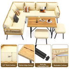6-teiliges Terrassen-Loungeset, Boho-Korbmöbel-Set mit Kissen und Esstisch aus Kunststoffholz, für Garten, Veranda, Balkon