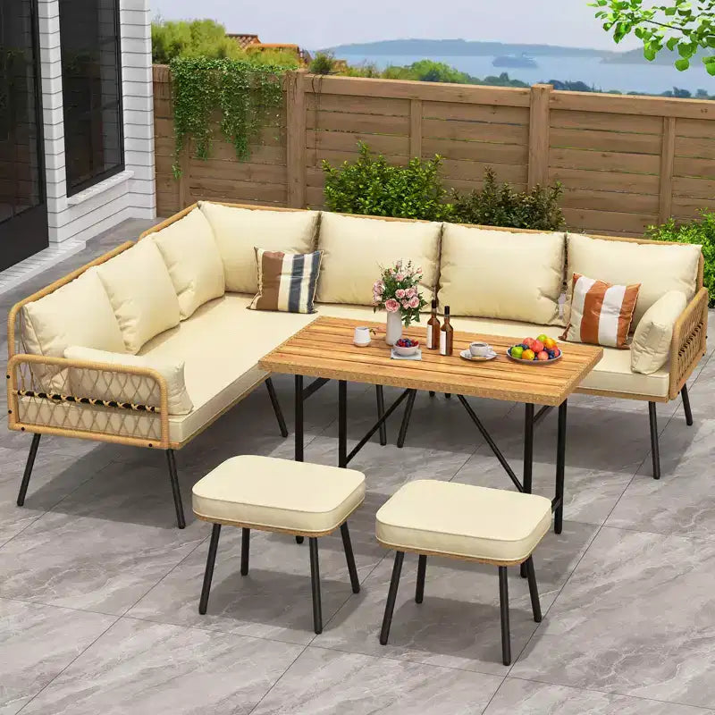 6-teiliges Terrassen-Loungeset, Boho-Korbmöbel-Set mit Kissen und Esstisch aus Kunststoffholz, für Garten, Veranda, Balkon