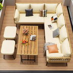 6-teiliges Terrassen-Loungeset, Boho-Korbmöbel-Set mit Kissen und Esstisch aus Kunststoffholz, für Garten, Veranda, Balkon