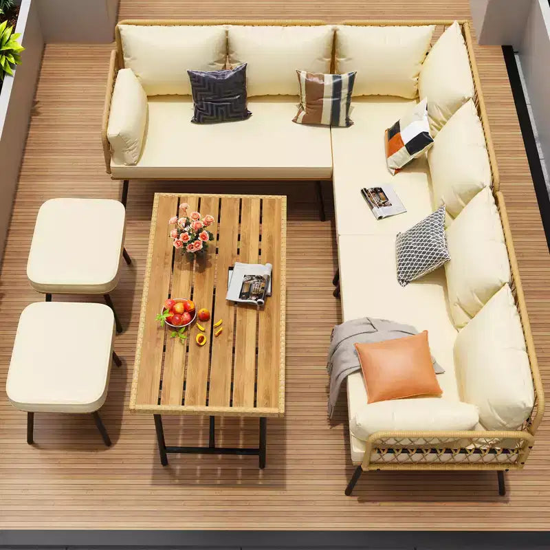 6-teiliges Terrassen-Loungeset, Boho-Korbmöbel-Set mit Kissen und Esstisch aus Kunststoffholz, für Garten, Veranda, Balkon