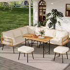 6-teiliges Terrassen-Loungeset, Boho-Korbmöbel-Set mit Kissen und Esstisch aus Kunststoffholz, für Garten, Veranda, Balkon