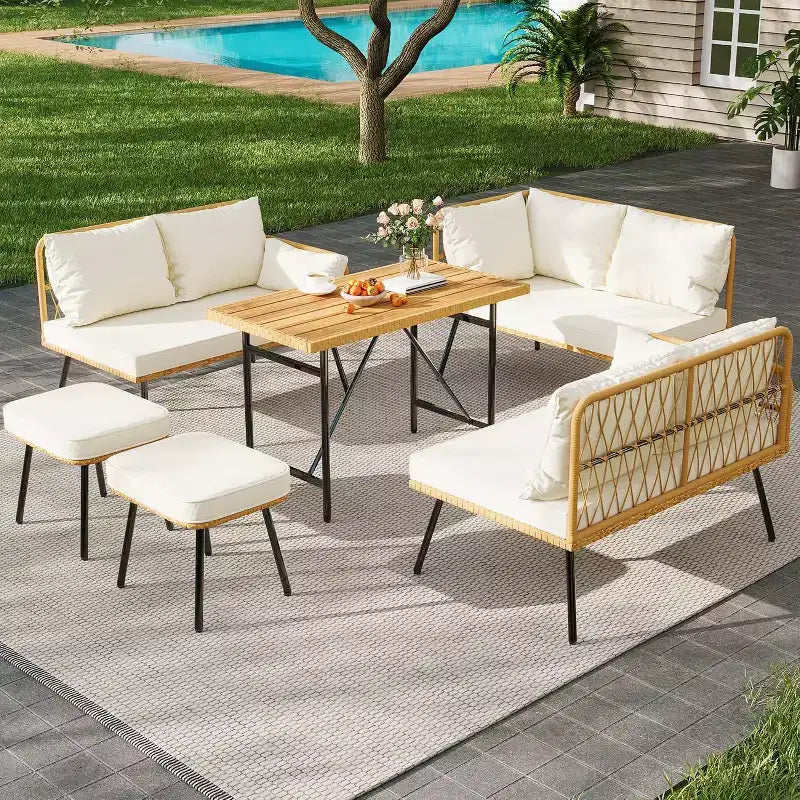 6-teiliges Terrassen-Loungeset, Boho-Korbmöbel-Set mit Kissen und Esstisch aus Kunststoffholz, für Garten, Veranda, Balkon