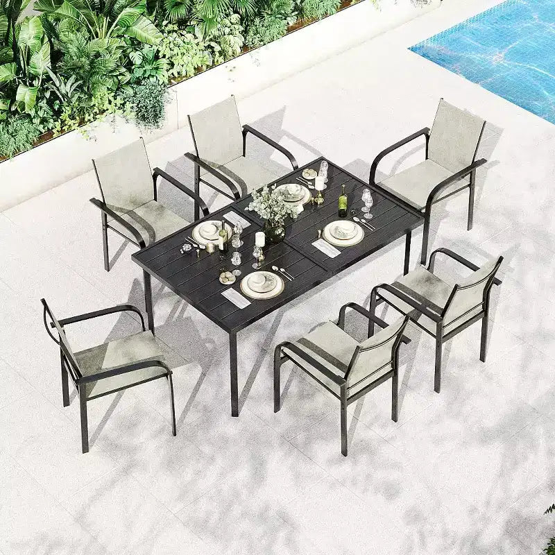 GustoWave 7-Piece Patio Dining Set, Rectangular Metal Table With 6 Breathable Textilene Chairs