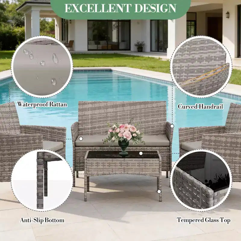 4-teiliges Outdoor-Möbelset mit PE-Rattan-Sesseln & weichen Kissen, Allwetter-Gartenmöbelset für langlebigen Außeneinsatz