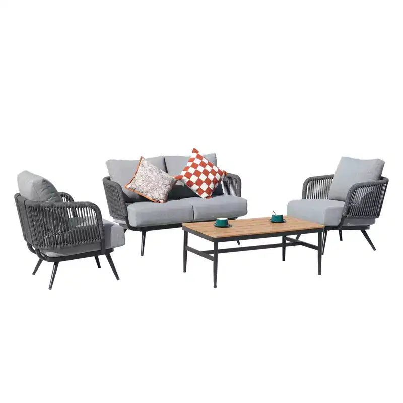 GDFStudio Lowell 4-teiliges Outdoor-Konversationsset aus Seilgeflecht und Eisen mit Olefin-Kissen