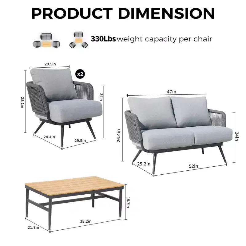 GDFStudio Lowell 4-teiliges Outdoor-Konversationsset aus Seilgeflecht und Eisen mit Olefin-Kissen