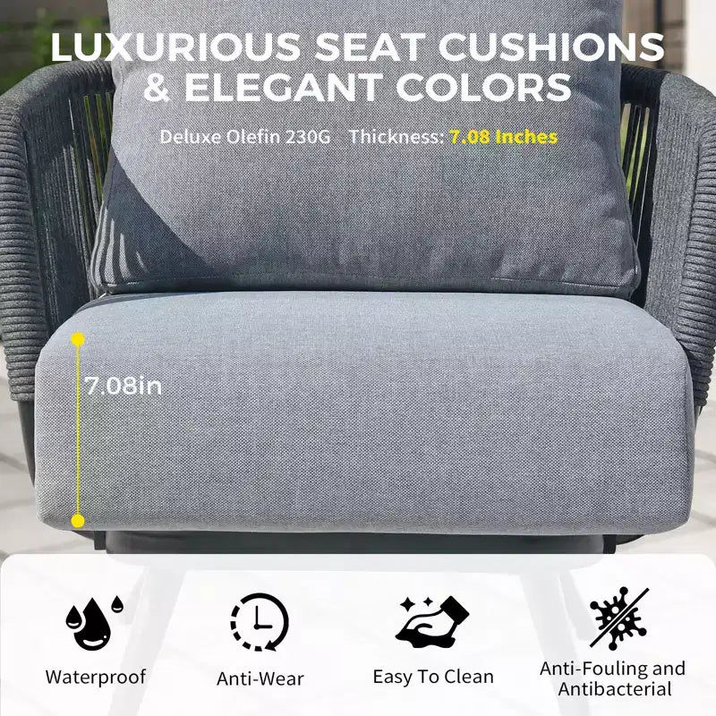 GDFStudio Lowell 4-teiliges Outdoor-Konversationsset aus Seilgeflecht und Eisen mit Olefin-Kissen