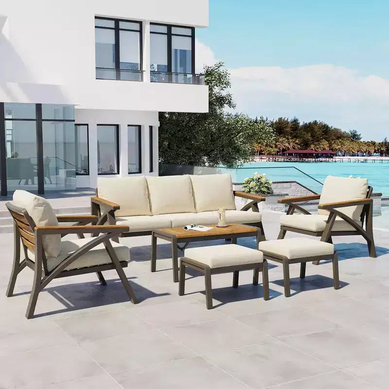 GDFStudio Carter Terrassen-Set, modern, 6-teilig, mit Sofagestell aus Stahl, Kaffeetisch aus Akazienholz, gepolsterte Sitze