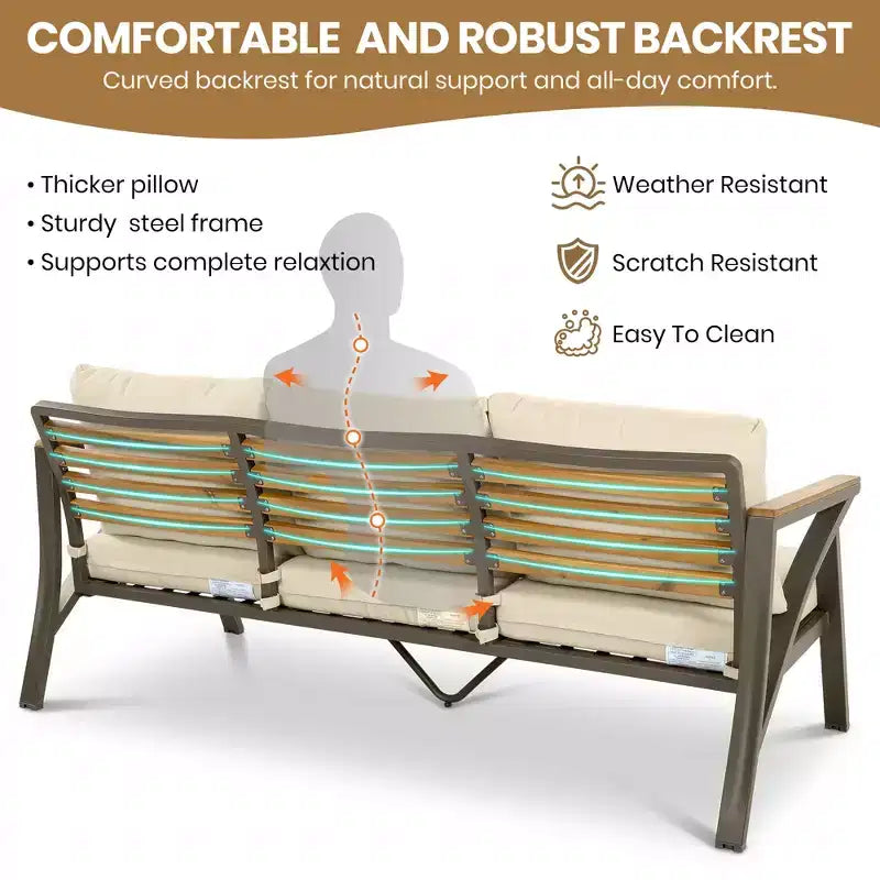 GDFStudio Carter Terrassen-Set, modern, 6-teilig, mit Sofagestell aus Stahl, Kaffeetisch aus Akazienholz, gepolsterte Sitze