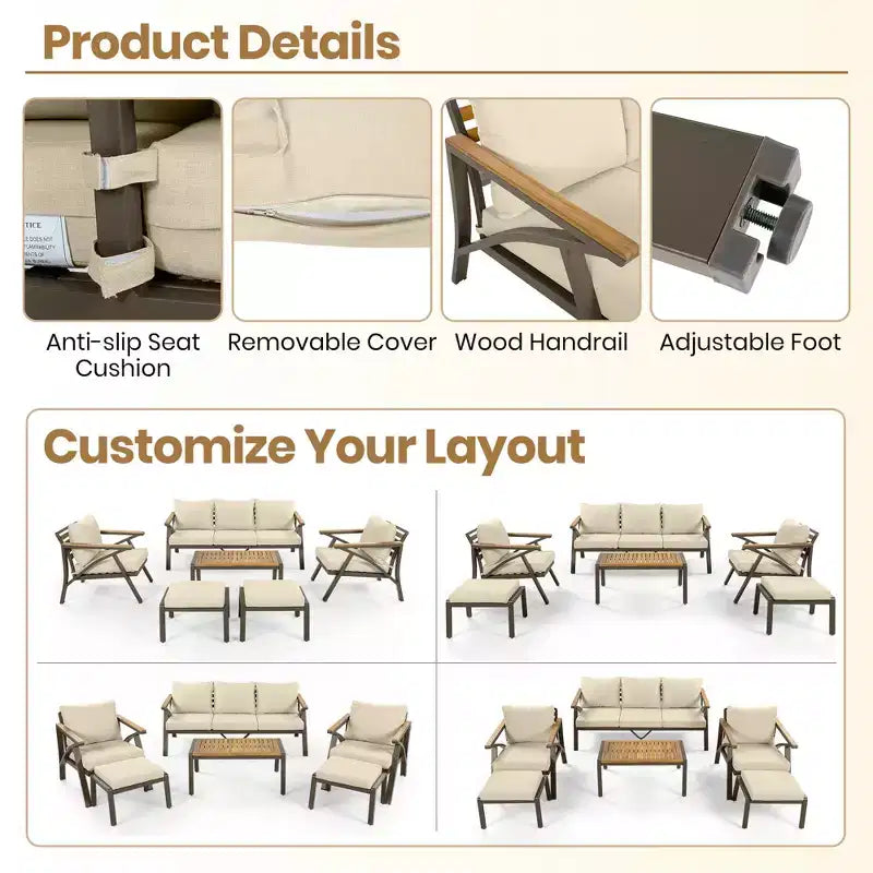 GDFStudio Carter Terrassen-Set, modern, 6-teilig, mit Sofagestell aus Stahl, Kaffeetisch aus Akazienholz, gepolsterte Sitze