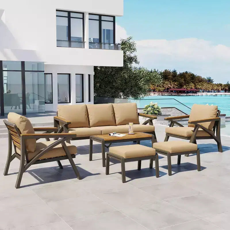 GDFStudio Carter Terrassen-Set, modern, 6-teilig, mit Sofagestell aus Stahl, Kaffeetisch aus Akazienholz, gepolsterte Sitze