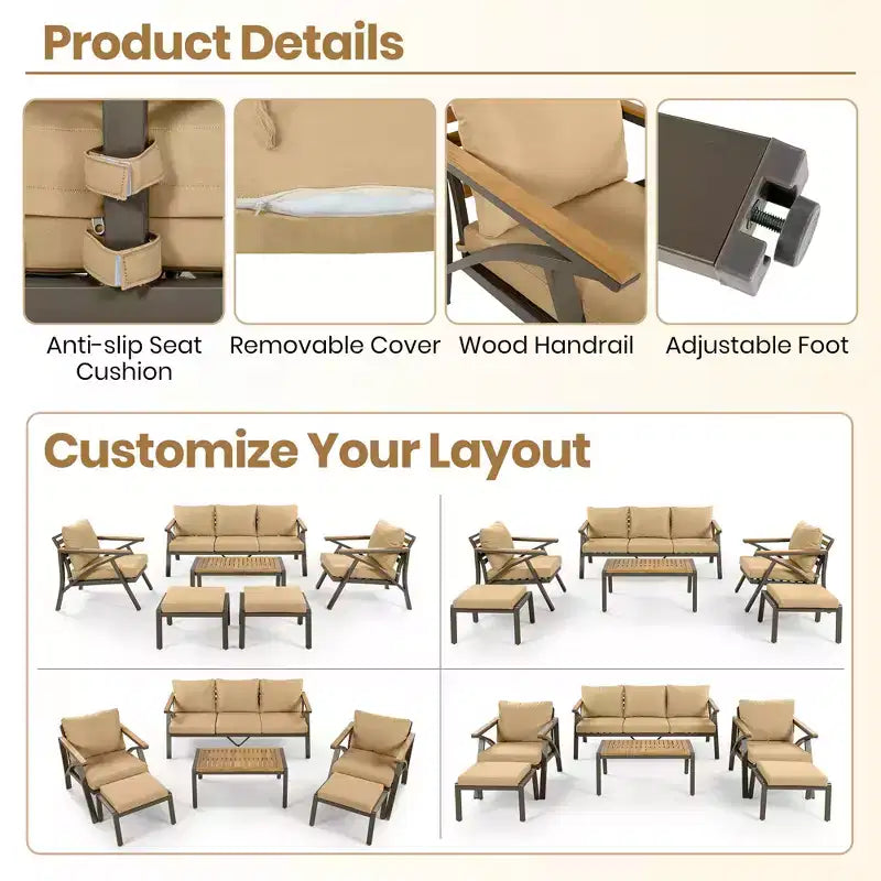 GDFStudio Carter Terrassen-Set, modern, 6-teilig, mit Sofagestell aus Stahl, Kaffeetisch aus Akazienholz, gepolsterte Sitze