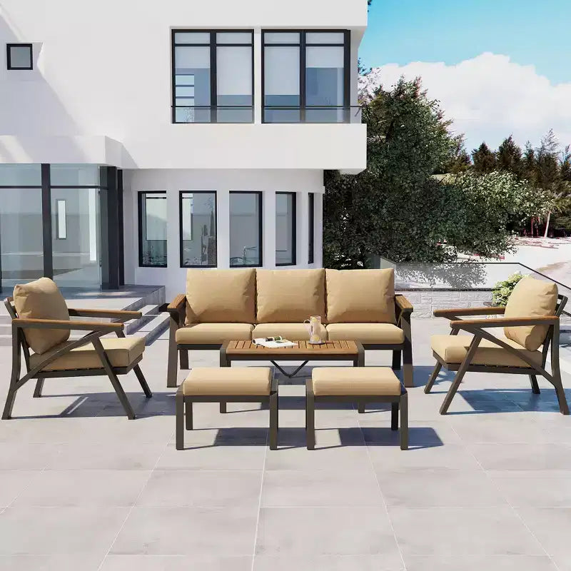 GDFStudio Carter Patio Modern 6-Piece Steel Frame Sofa Set with Acacia Wood Coffee Table, Cushioned Seating