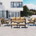 GDFStudio Carter Patio Modern 6-Piece Steel Frame Sofa Set with Acacia Wood Coffee Table, Cushioned Seating