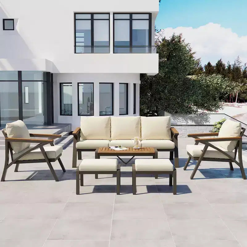 GDFStudio Carter Terrassen-Set, modern, 6-teilig, mit Sofagestell aus Stahl, Kaffeetisch aus Akazienholz, gepolsterte Sitze