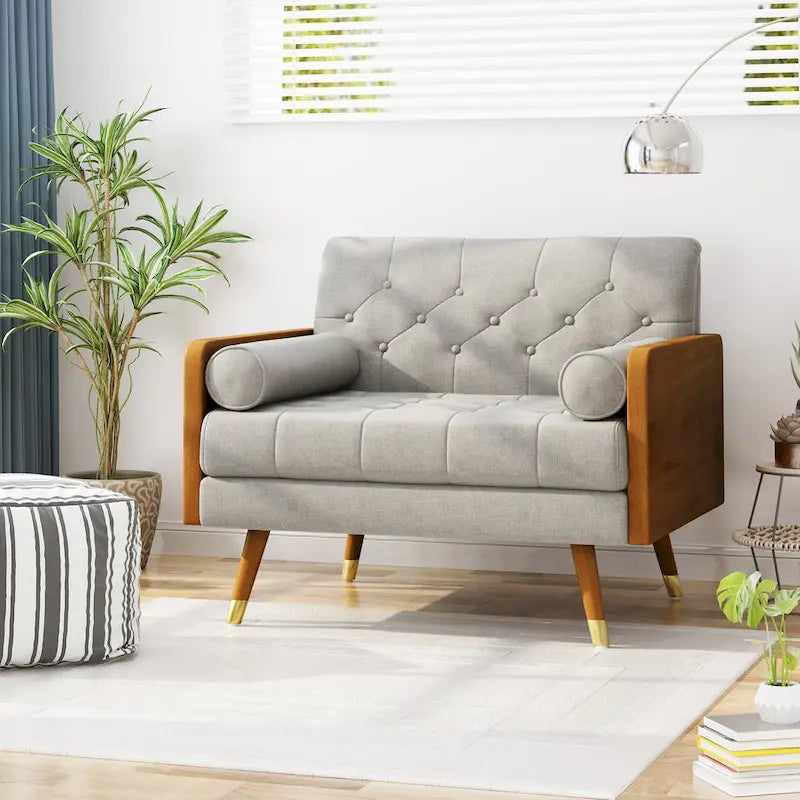 Beige Button-Tufted Mid-Century Club Chair with Gold-Tip Rubberwood Legs for 1 Person