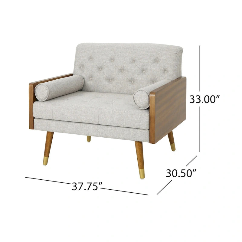 Beige Button-Tufted Mid-Century Club Chair with Gold-Tip Rubberwood Legs for 1 Person
