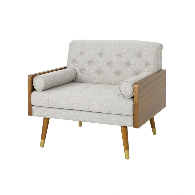 Beige Button-Tufted Mid-Century Club Chair with Gold-Tip Rubberwood Legs for 1 Person