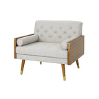 Beige Button-Tufted Mid-Century Club Chair with Gold-Tip Rubberwood Legs for 1 Person