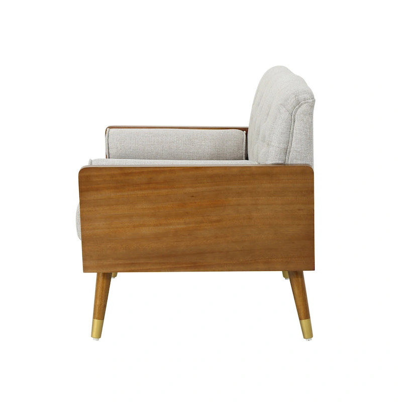Beige Button-Tufted Mid-Century Club Chair with Gold-Tip Rubberwood Legs for 1 Person