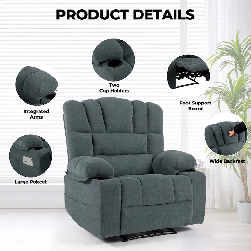 Grey Chenille Manual Recliner Chair with Massage, Heating, Cup Holders for 1 Person
