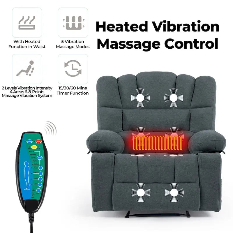Grey Chenille Manual Recliner Chair with Massage, Heating, Cup Holders for 1 Person