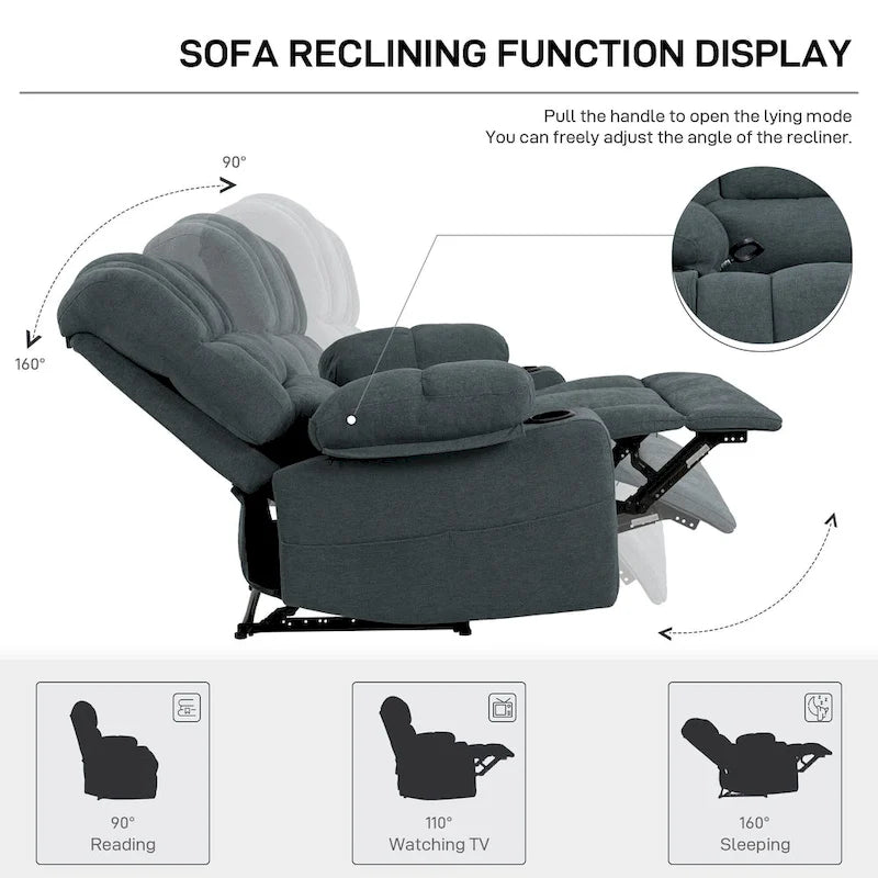 Grey Chenille Manual Recliner Chair with Massage, Heating, Cup Holders for 1 Person