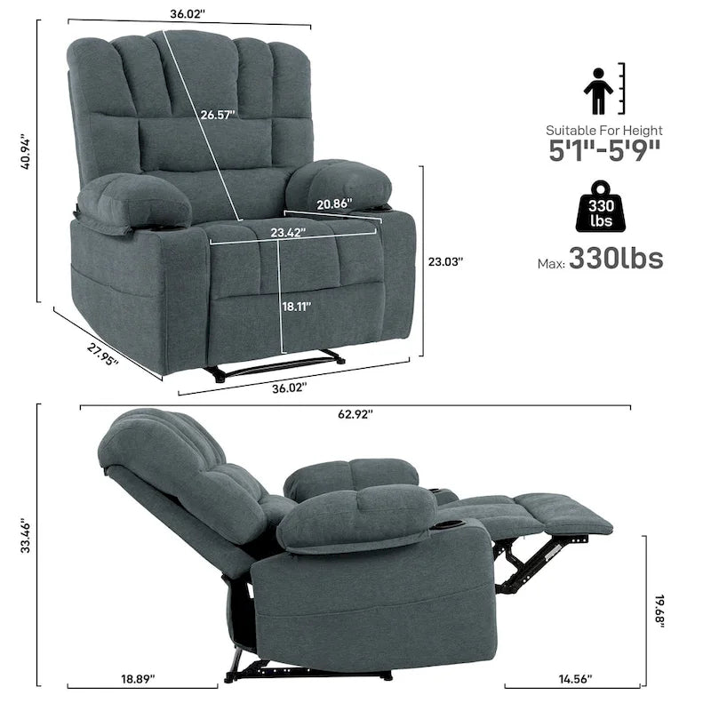 Grey Chenille Manual Recliner Chair with Massage, Heating, Cup Holders for 1 Person