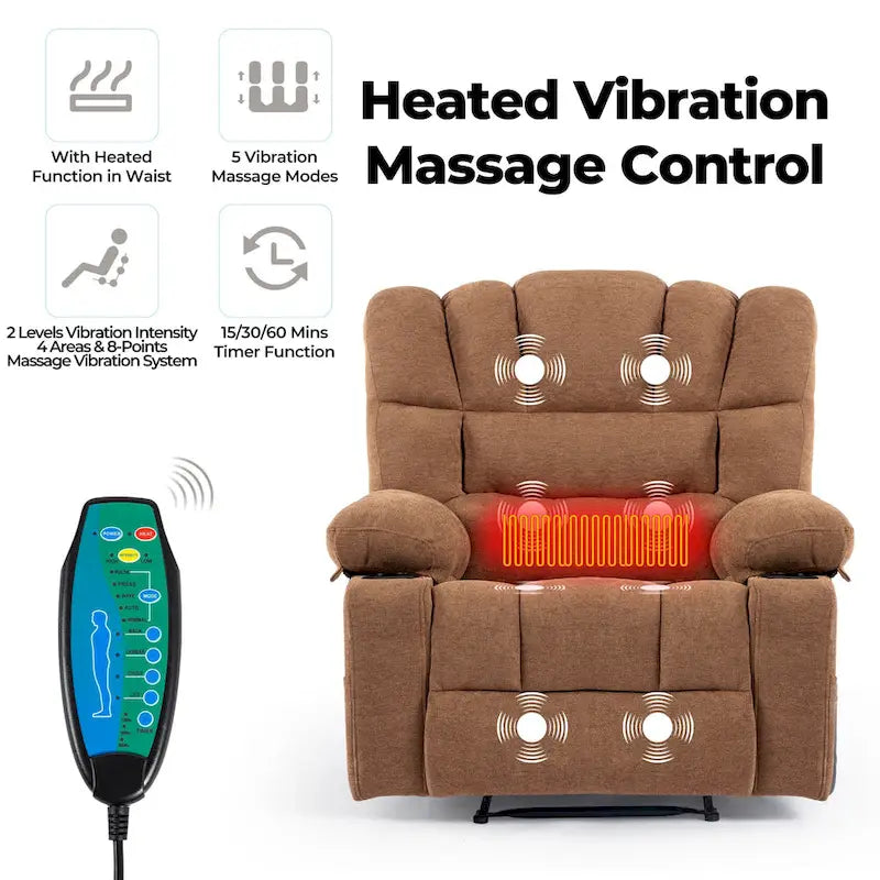 Manueller Relaxsessel aus grauem Chenille mit Massage, Heizung, Becherhaltern für 1 Person
