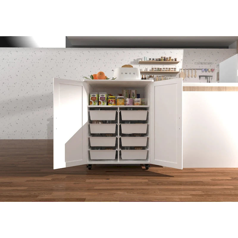 White MDF Rolling Storage Cabinet with Multi-Tier Organizer and Locking Casters for 1 Person