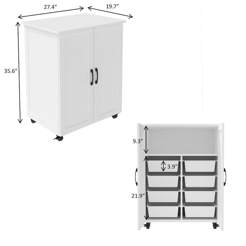 White MDF Rolling Storage Cabinet with Multi-Tier Organizer and Locking Casters for 1 Person