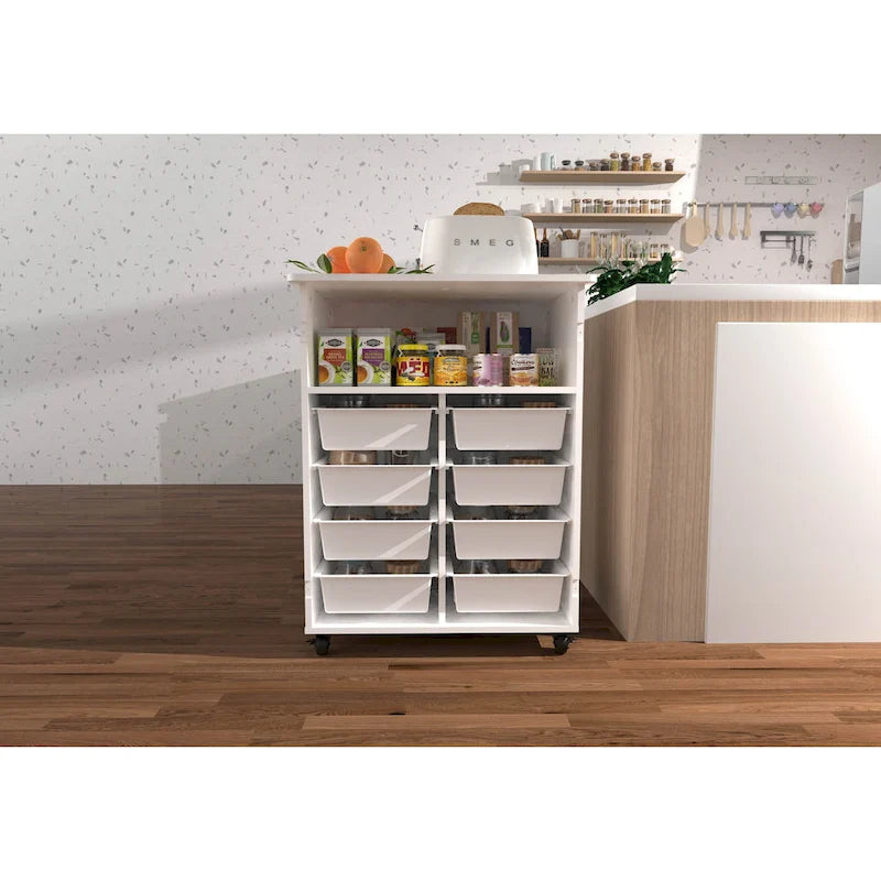 White MDF Rolling Storage Cabinet with Multi-Tier Organizer and Locking Casters for 1 Person