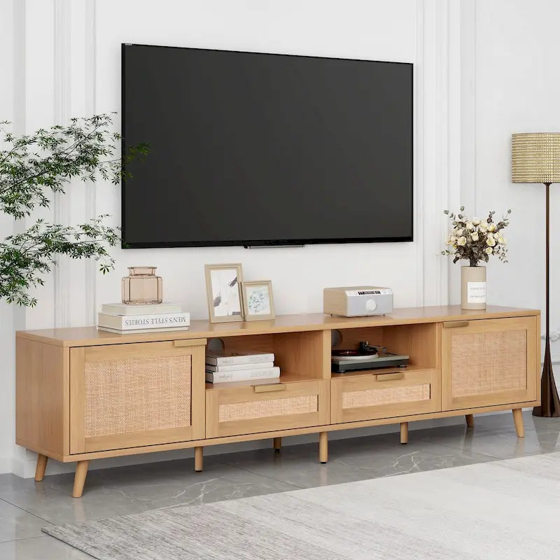 Wood Rattan Farmhouse TV Stand with 2 Cabinets, 2 Open Shelves and Solid Wood Legs for 1 Person, Fits TVs up to 85"