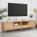 Wood Rattan Farmhouse TV Stand with 2 Cabinets, 2 Open Shelves and Solid Wood Legs for 1 Person, Fits TVs up to 85"