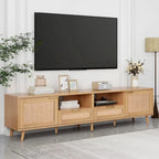 Wood Rattan Farmhouse TV Stand with 2 Cabinets, 2 Open Shelves and Solid Wood Legs for 1 Person, Fits TVs up to 85"