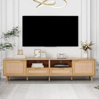 Wood Rattan Farmhouse TV Stand with 2 Cabinets, 2 Open Shelves and Solid Wood Legs for 1 Person, Fits TVs up to 85"
