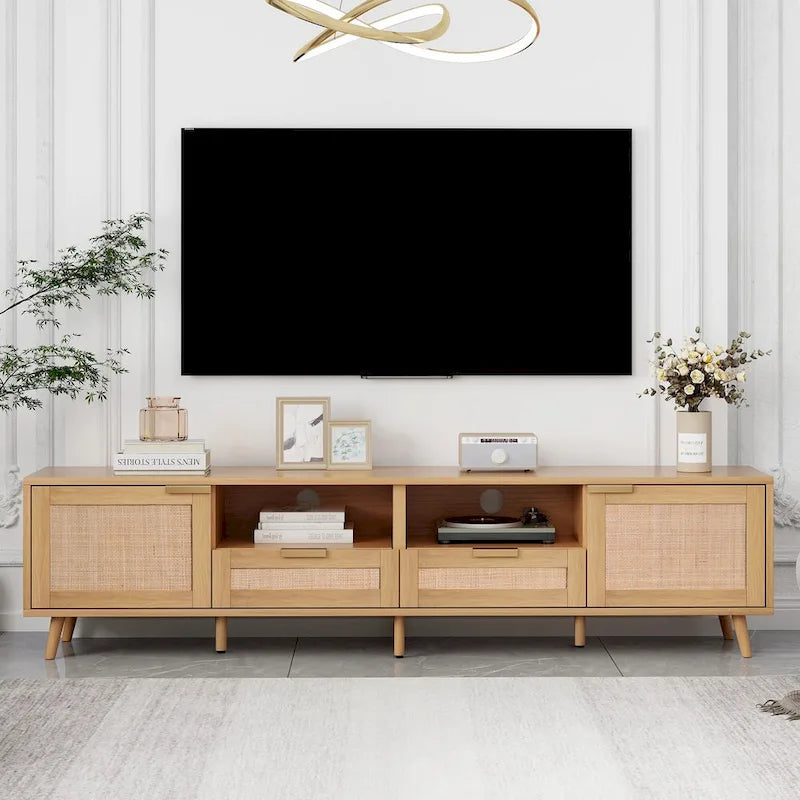 Wood Rattan Farmhouse TV Stand with 2 Cabinets, 2 Open Shelves and Solid Wood Legs for 1 Person, Fits TVs up to 85"