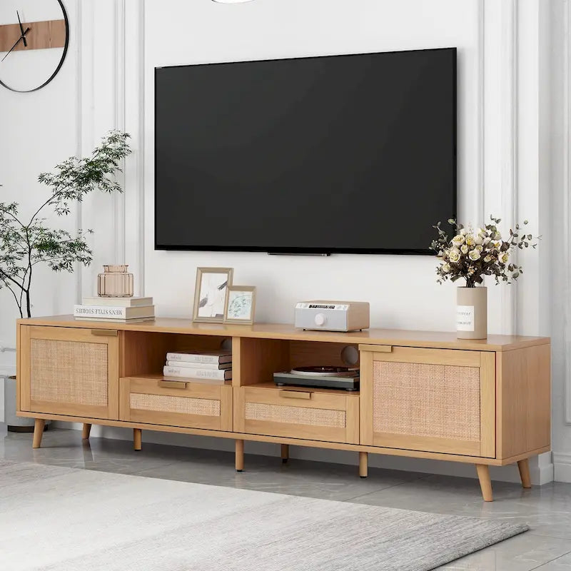 Wood Rattan Farmhouse TV Stand with 2 Cabinets, 2 Open Shelves and Solid Wood Legs for 1 Person, Fits TVs up to 85"