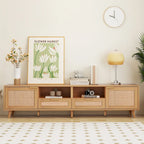 Wood Rattan Farmhouse TV Stand with 2 Cabinets, 2 Open Shelves and Solid Wood Legs for 1 Person, Fits TVs up to 85"
