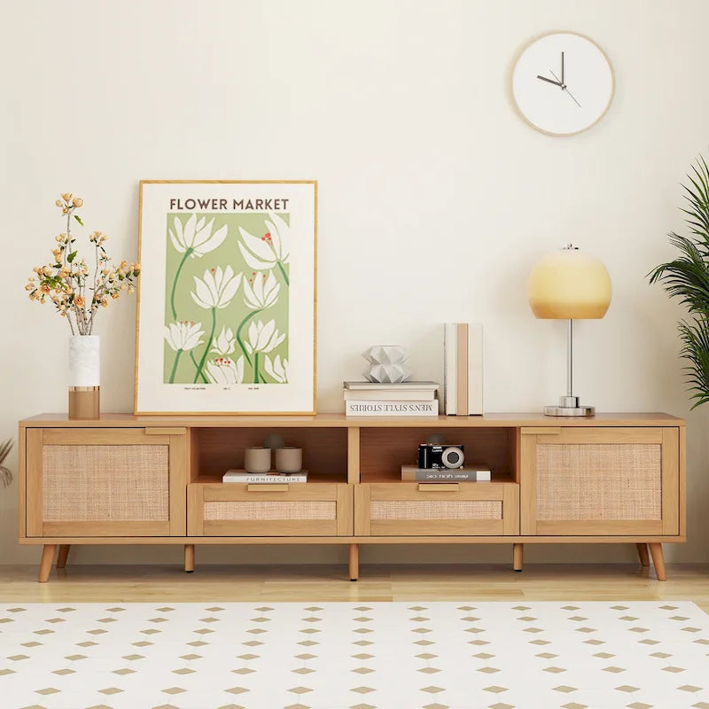 Wood Rattan Farmhouse TV Stand with 2 Cabinets, 2 Open Shelves and Solid Wood Legs for 1 Person, Fits TVs up to 85"