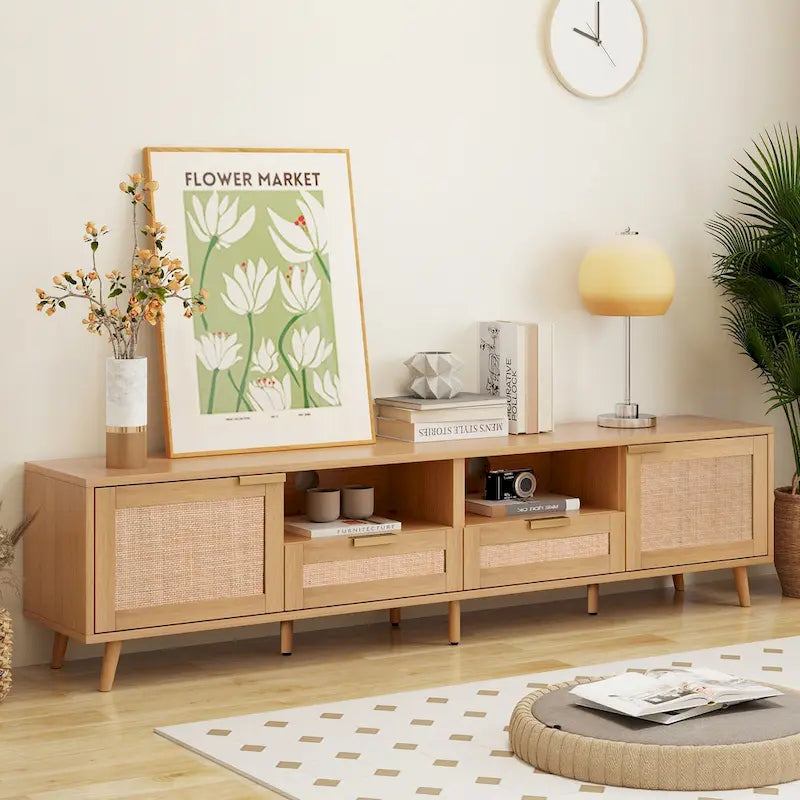 Wood Rattan Farmhouse TV Stand with 2 Cabinets, 2 Open Shelves and Solid Wood Legs for 1 Person, Fits TVs up to 85"