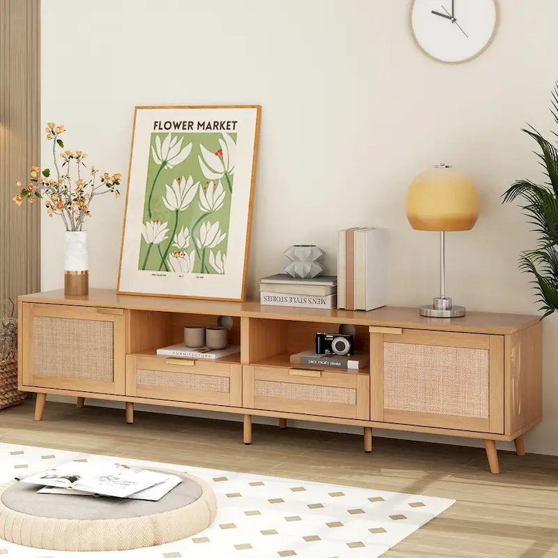 Wood Rattan Farmhouse TV Stand with 2 Cabinets, 2 Open Shelves and Solid Wood Legs for 1 Person, Fits TVs up to 85"